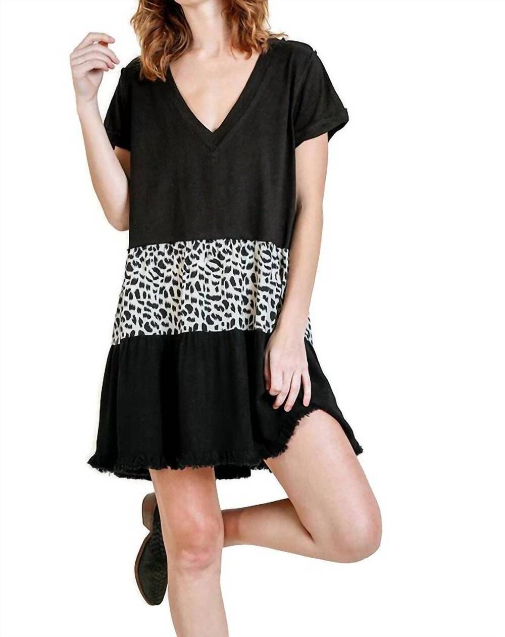 NEW UMGEE animal and ruffle tiered mini dress in black mix